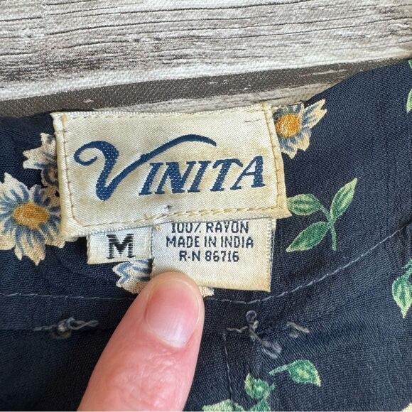 Vinita Women's Floral Button Front Dress VTG Vintage M Med Medium Blue Collared - Picture 6 of 15